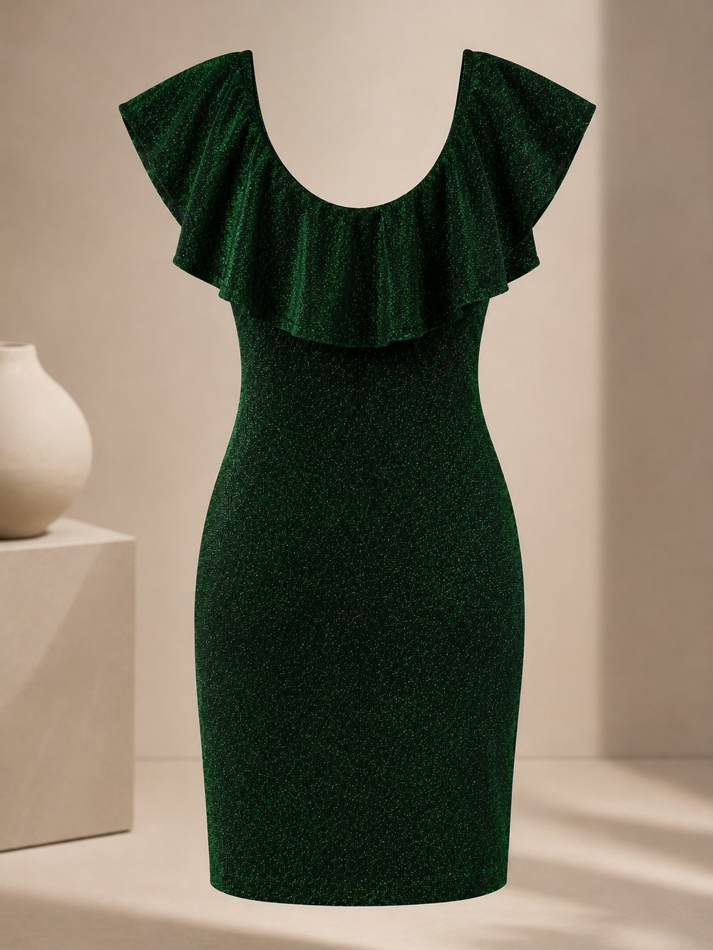 Shimmer Green Ruffle-Shoulder Mini Dress - Picture 2 of 7